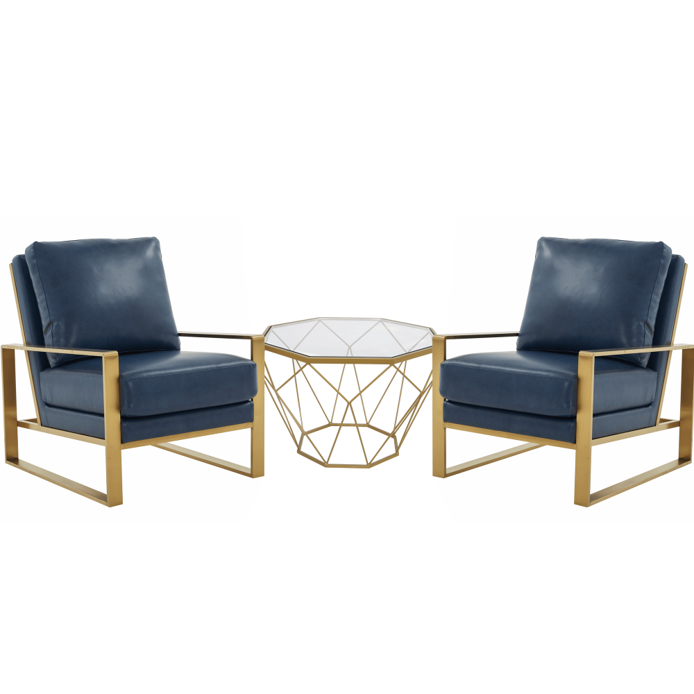 LeisureMod Jefferson Armchair with Gold Frame Octagon Coffee Table, Navy Blue