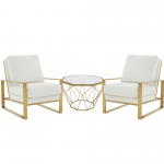 LeisureMod Jefferson Armchair with Gold Frame and Octagon Coffee Table, White