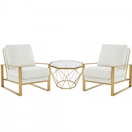 LeisureMod Jefferson Armchair with Gold Frame and Octagon Coffee Table, White