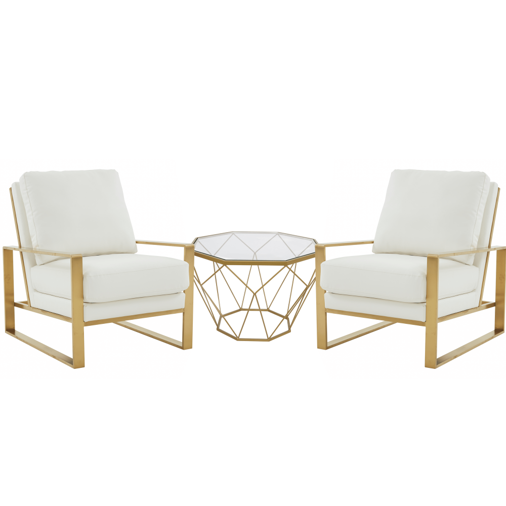 LeisureMod Jefferson Armchair with Gold Frame and Octagon Coffee Table, White