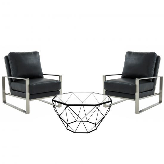 LeisureMod Jefferson Armchair with Silver Frame and Large Coffee Table, Black