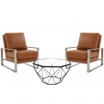 LeisureMod Jefferson Armchair with Silver Frame, Large Coffee Table, Cognac Tan