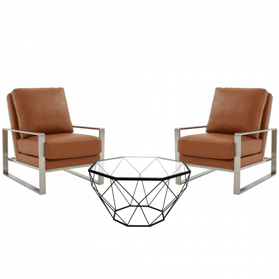 LeisureMod Jefferson Armchair with Silver Frame, Large Coffee Table, Cognac Tan