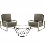 LeisureMod Jefferson Armchair with Silver Frame and Large Coffee Table, Grey