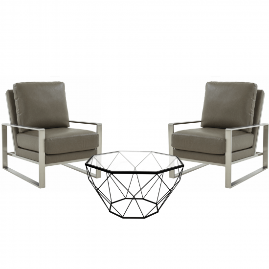 LeisureMod Jefferson Armchair with Silver Frame and Large Coffee Table, Grey