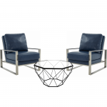 LeisureMod Jefferson Armchair with Silver Frame, Large Coffee Table, Navy Blue