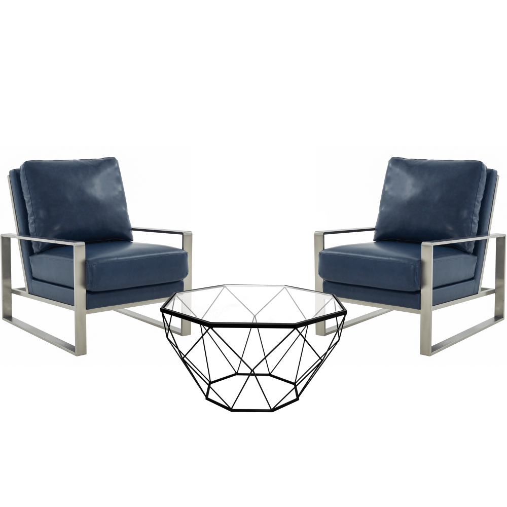 LeisureMod Jefferson Armchair with Silver Frame, Large Coffee Table, Navy Blue