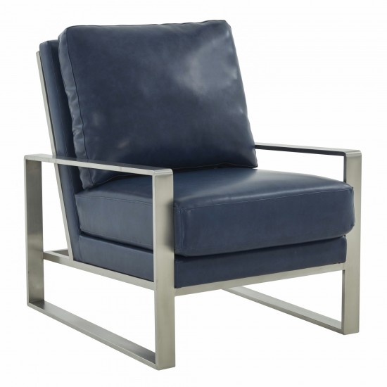 LeisureMod Jefferson Armchair with Silver Frame, Large Coffee Table, Navy Blue