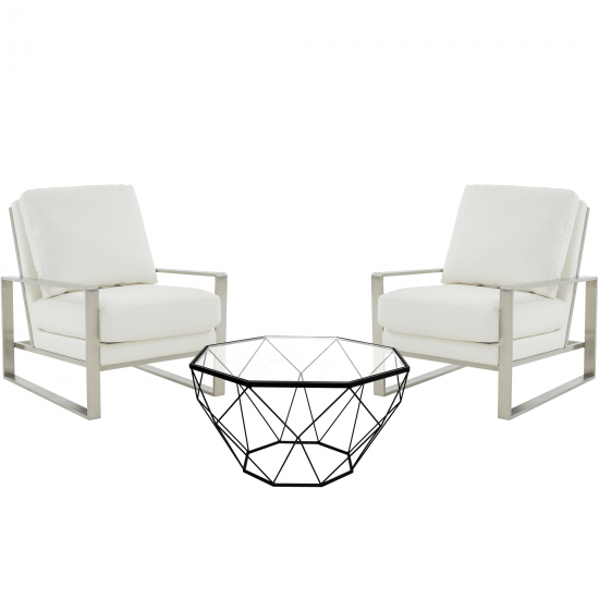 LeisureMod Jefferson Armchair with Silver Frame and Large Coffee Table, White