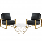 LeisureMod Jefferson Armchair with Gold Frame and Large Coffee Table, Black