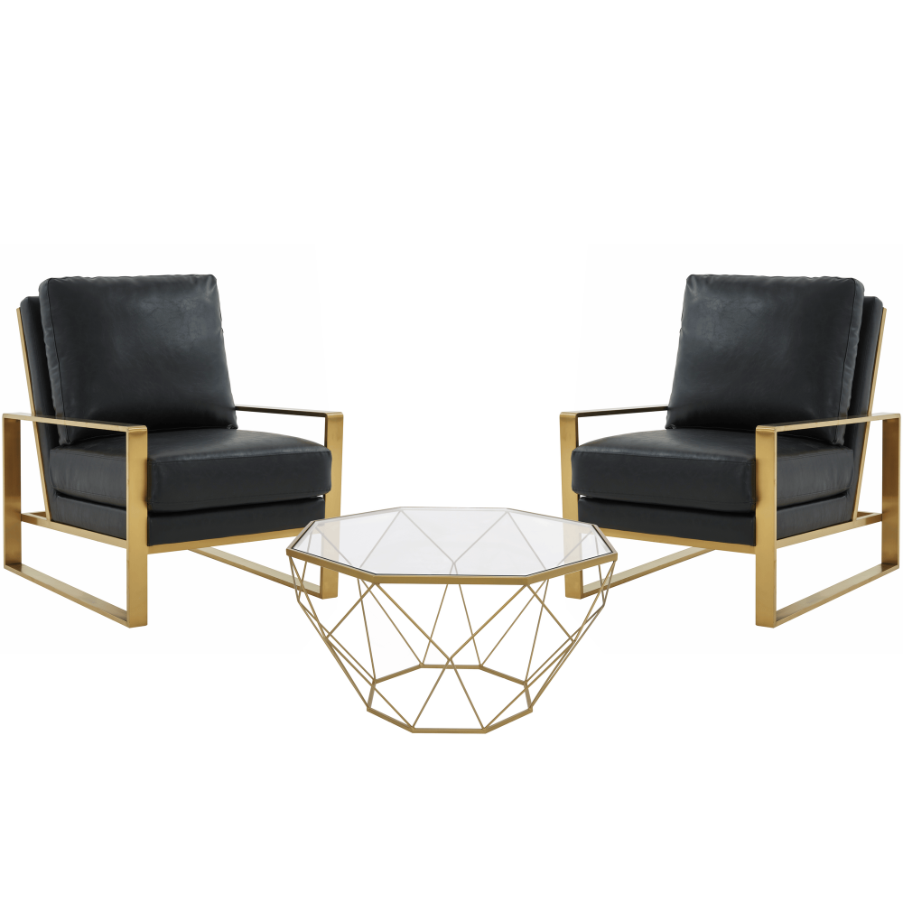 LeisureMod Jefferson Armchair with Gold Frame and Large Coffee Table, Black