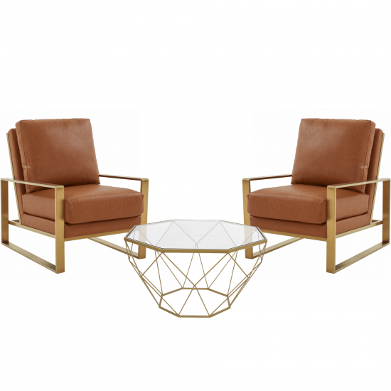 LeisureMod Jefferson Armchair with Gold Frame and Large Coffee Table, Cognac Tan