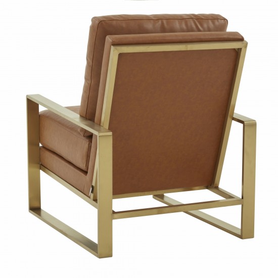 LeisureMod Jefferson Armchair with Gold Frame and Large Coffee Table, Cognac Tan
