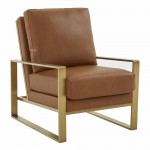 LeisureMod Jefferson Armchair with Gold Frame and Large Coffee Table, Cognac Tan