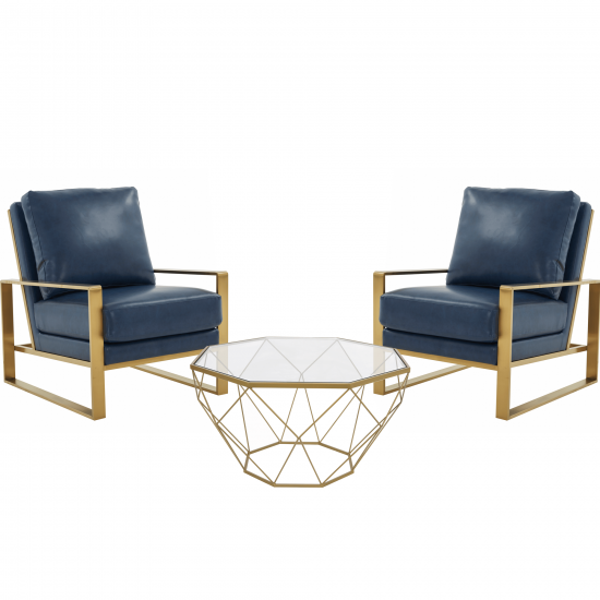 LeisureMod Jefferson Armchair with Gold Frame and Large Coffee Table, Navy Blue