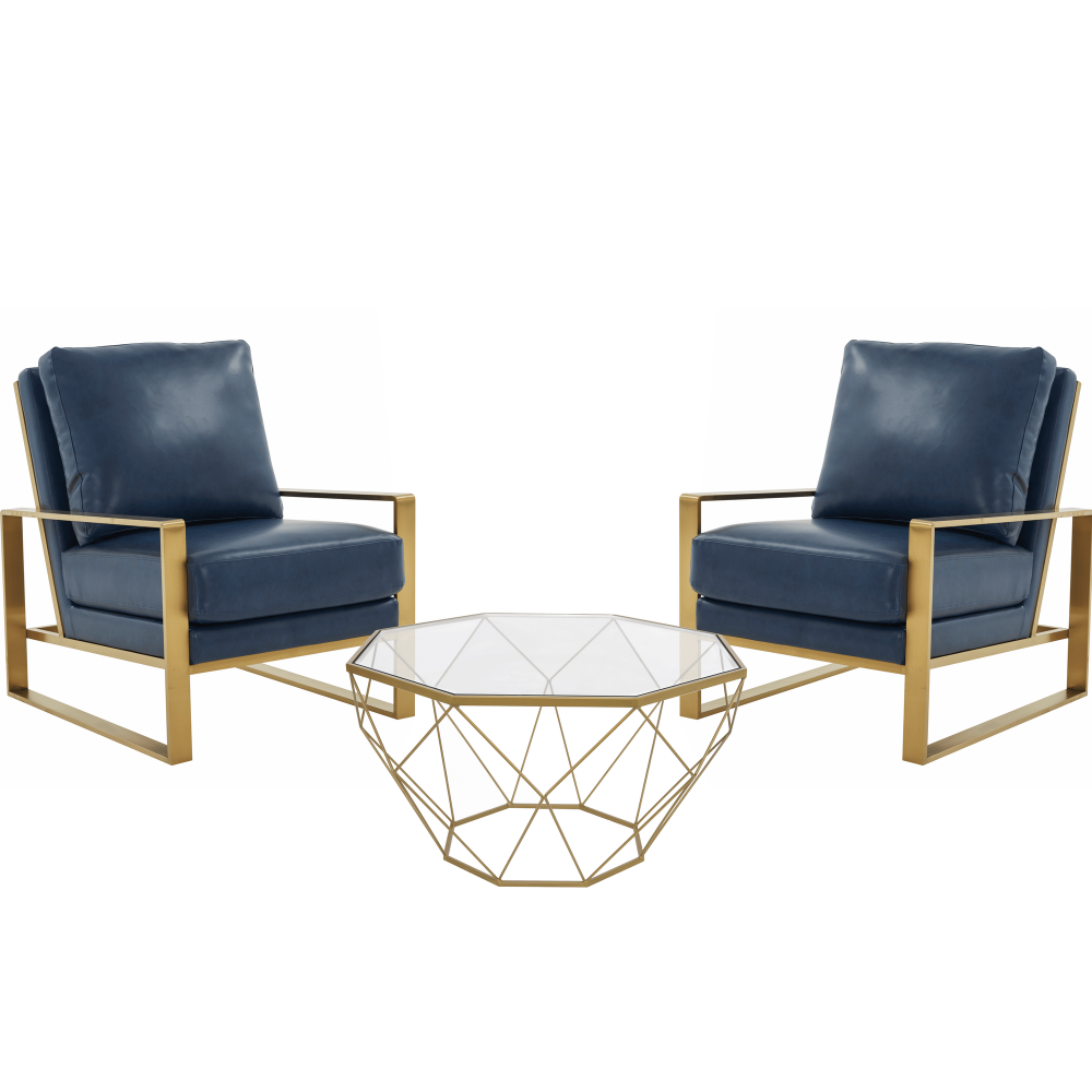 LeisureMod Jefferson Armchair with Gold Frame and Large Coffee Table, Navy Blue