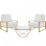 LeisureMod Jefferson Armchair with Gold Frame and Large Coffee Table, White