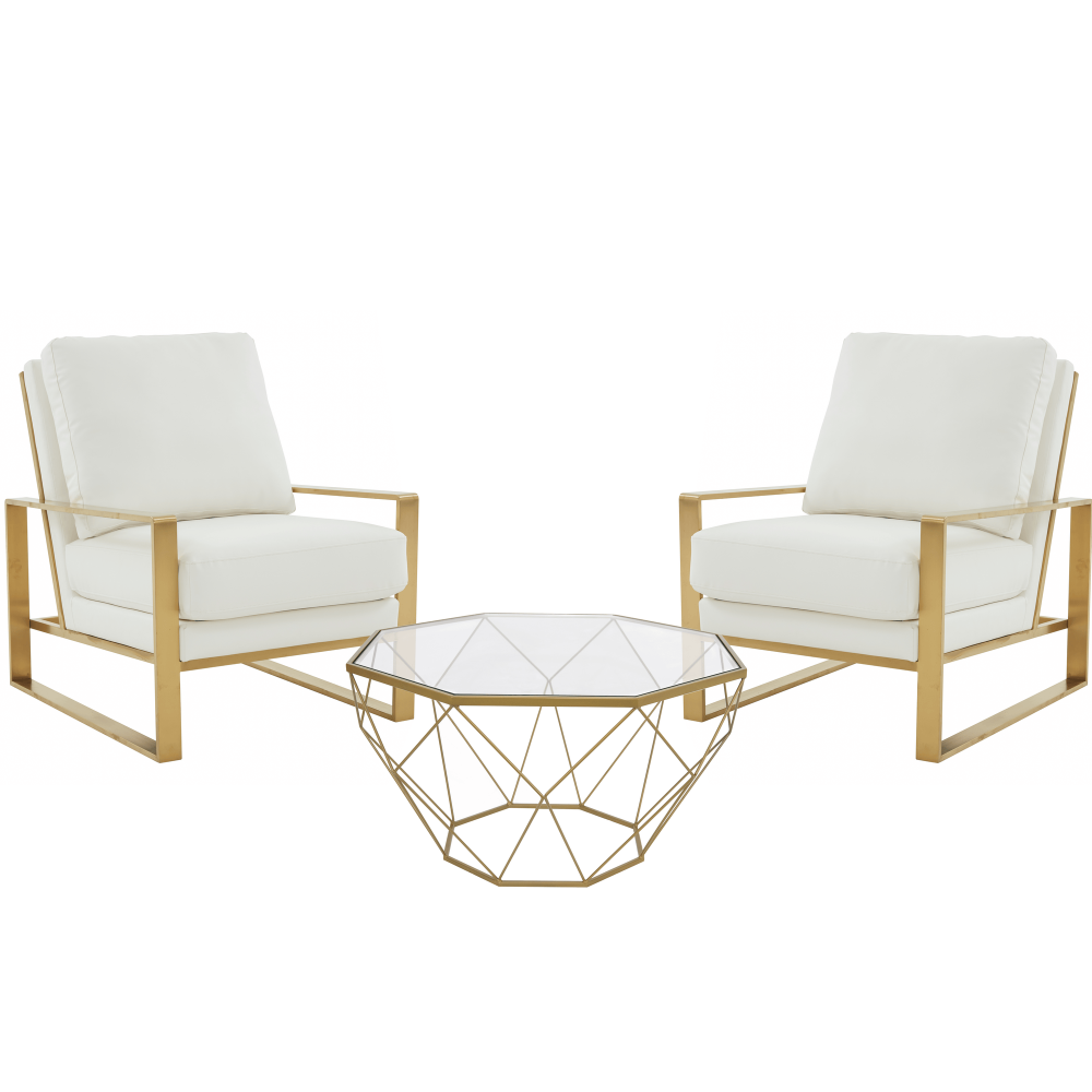 LeisureMod Jefferson Armchair with Gold Frame and Large Coffee Table, White