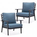 LeisureMod Walbrooke Modern Black Patio Arm Chair, Set of 2, Navy Blue