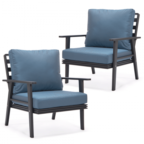 LeisureMod Walbrooke Modern Black Patio Arm Chair, Set of 2, Navy Blue