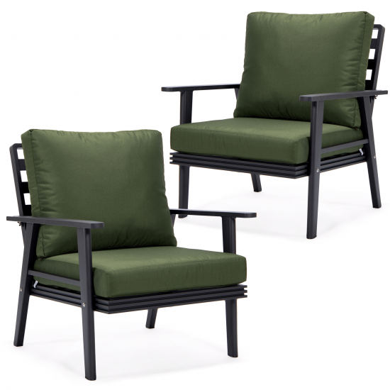 LeisureMod Walbrooke Modern Black Patio Arm Chair, Set of 2, Green