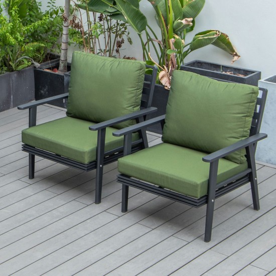 LeisureMod Walbrooke Modern Black Patio Arm Chair, Set of 2, Green