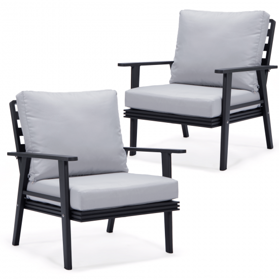 LeisureMod Walbrooke Modern Black Patio Arm Chair, Set of 2, Light Grey