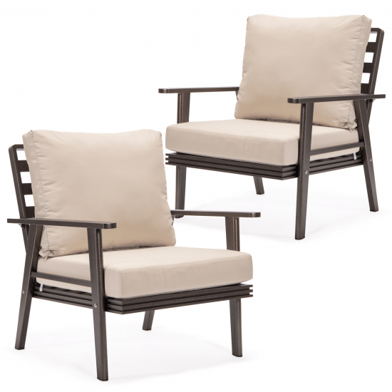 LeisureMod Walbrooke Modern Brown Patio Arm Chair, Set of 2, Beige