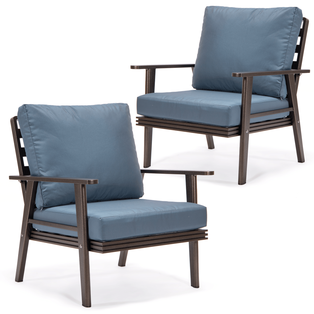 LeisureMod Walbrooke Modern Brown Patio Arm Chair, Set of 2, Navy Blue