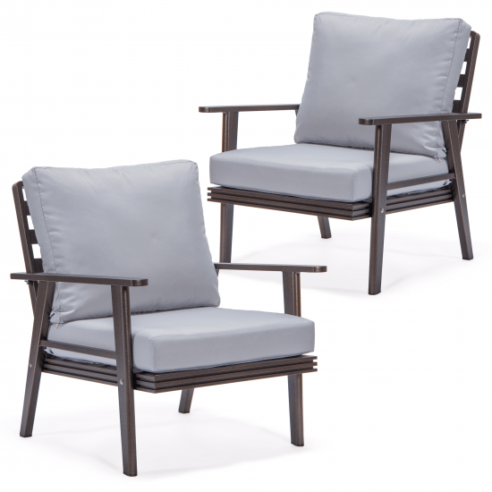 LeisureMod Walbrooke Modern Brown Patio Arm Chair, Set of 2, Light Grey