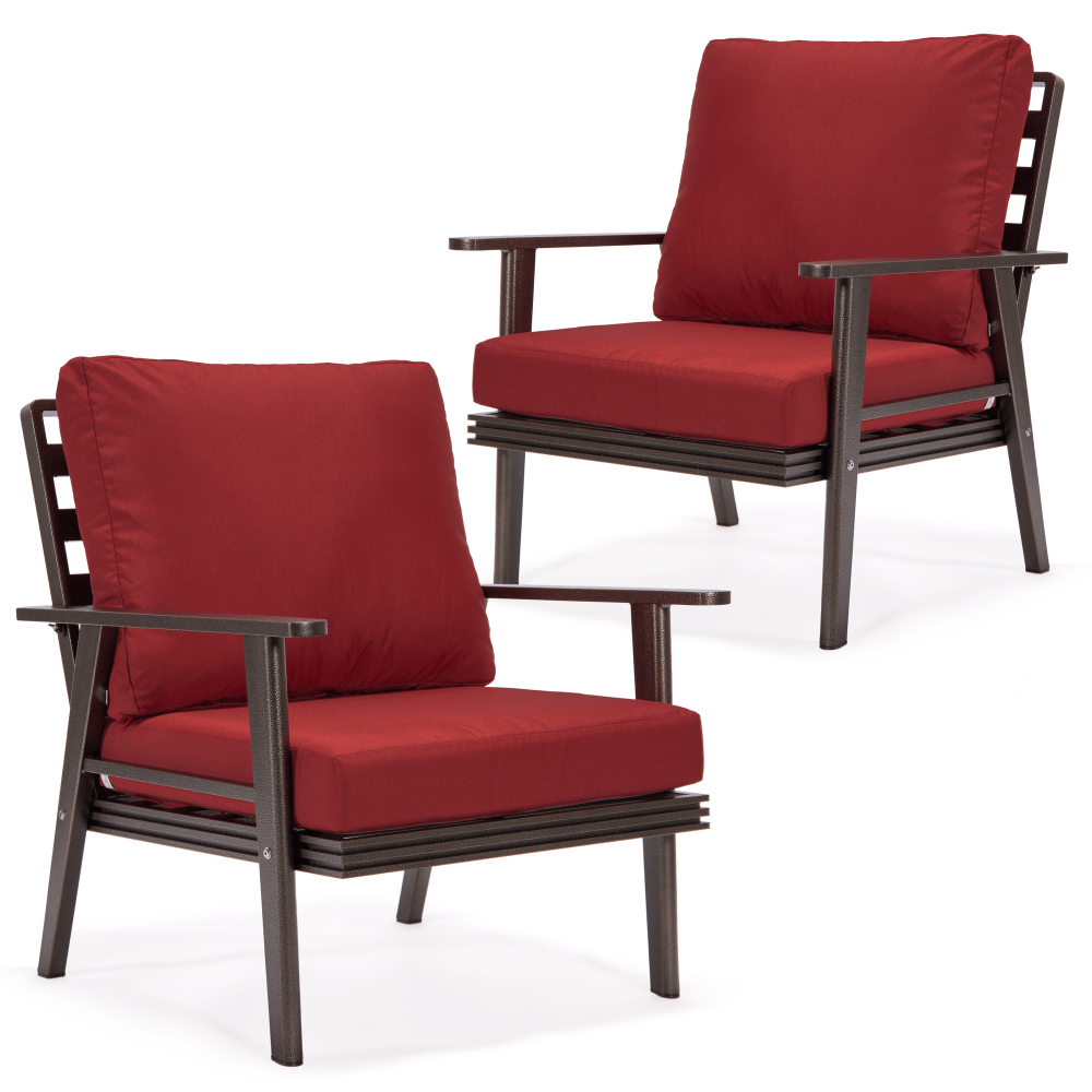 LeisureMod Walbrooke Modern Brown Patio Arm Chair, Set of 2, Red