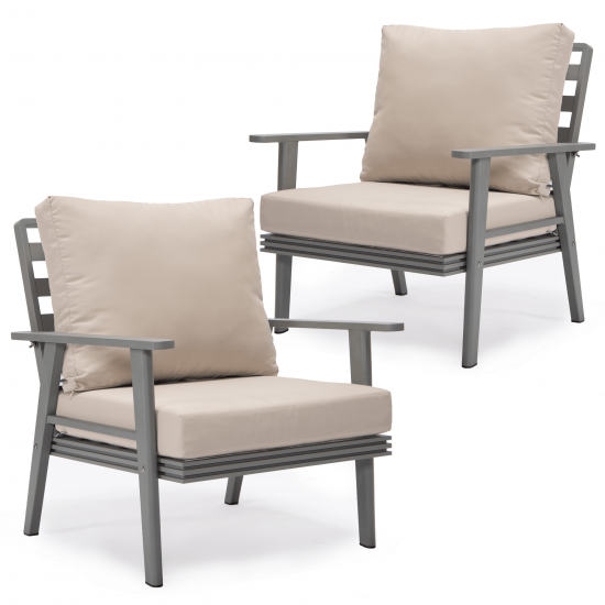LeisureMod Walbrooke Modern Grey Patio Arm Chair, Set of 2, Beige