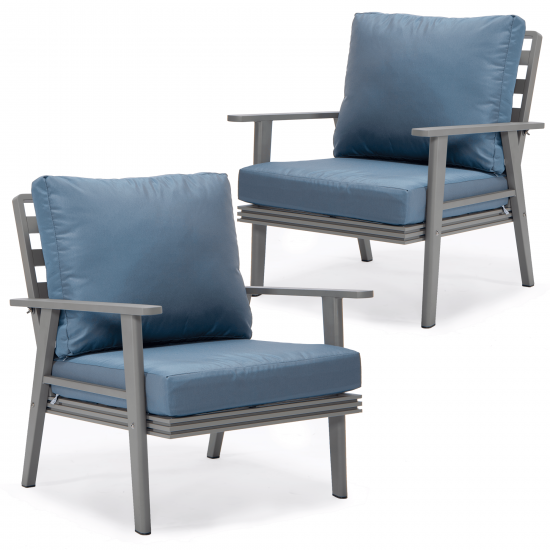 LeisureMod Walbrooke Modern Grey Patio Arm Chair, Set of 2, Navy Blue