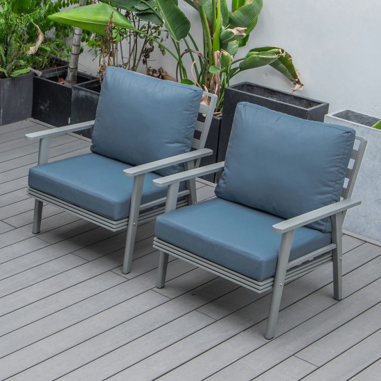 LeisureMod Walbrooke Modern Grey Patio Arm Chair, Set of 2, Navy Blue