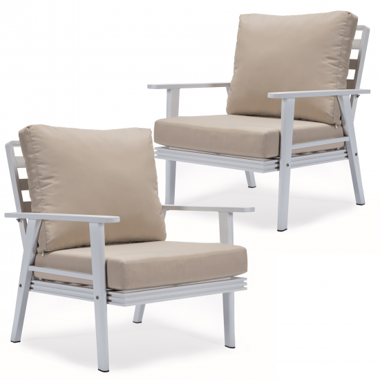 LeisureMod Walbrooke Outdoor Patio White Aluminum Armchairs Set Of 2, Beige