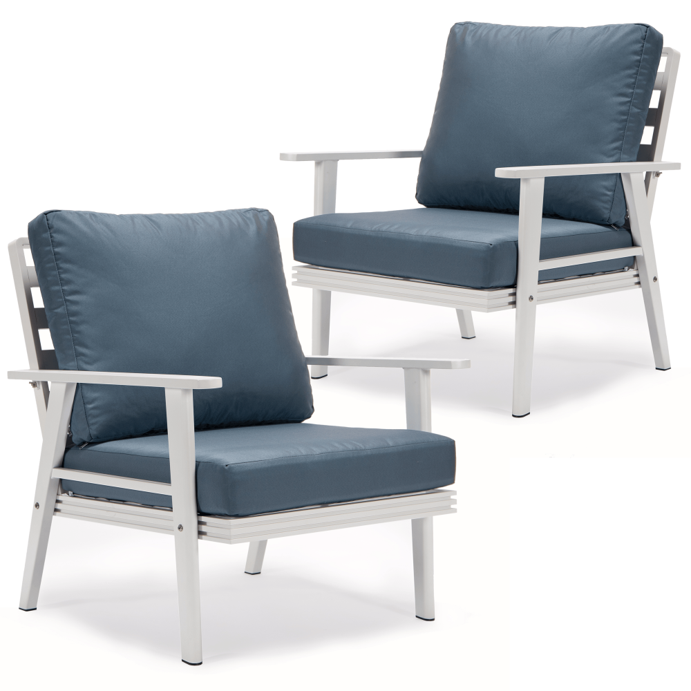 LeisureMod Walbrooke Outdoor Patio White Aluminum Armchairs Set Of 2, Navy Blue