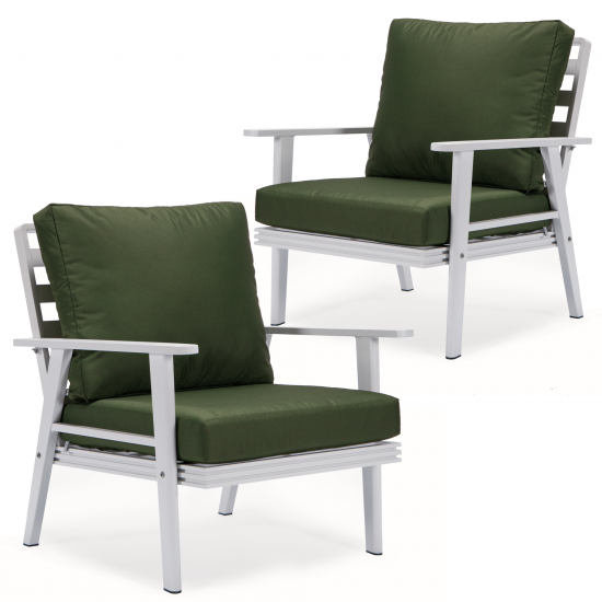 LeisureMod Walbrooke Outdoor Patio White Aluminum Armchairs Set Of 2, Green