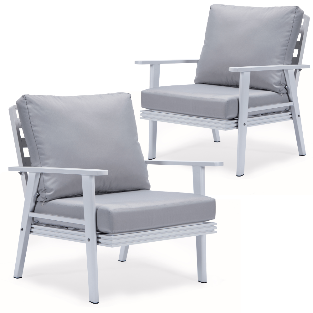 LeisureMod Walbrooke Outdoor Patio White Aluminum Armchairs Set Of 2, Light Grey