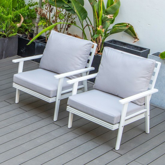 LeisureMod Walbrooke Outdoor Patio White Aluminum Armchairs Set Of 2, Light Grey