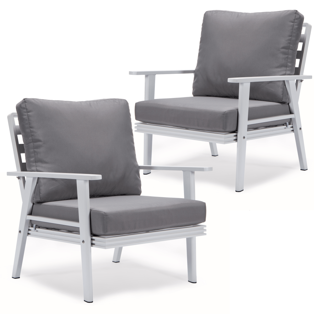 LeisureMod Walbrooke Outdoor Patio White Aluminum Armchairs Set Of 2, Grey