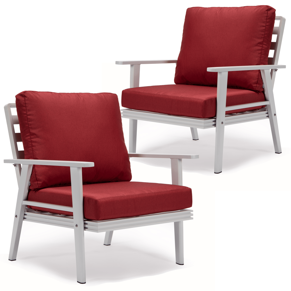 LeisureMod Walbrooke Outdoor Patio White Aluminum Armchairs Set Of 2, Red