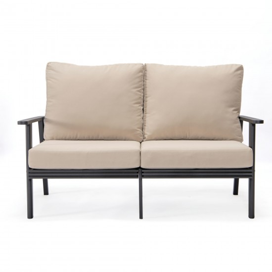 Leisuremod Walbrooke Modern Outdoor Patio Loveseat with Black Frame, Beige