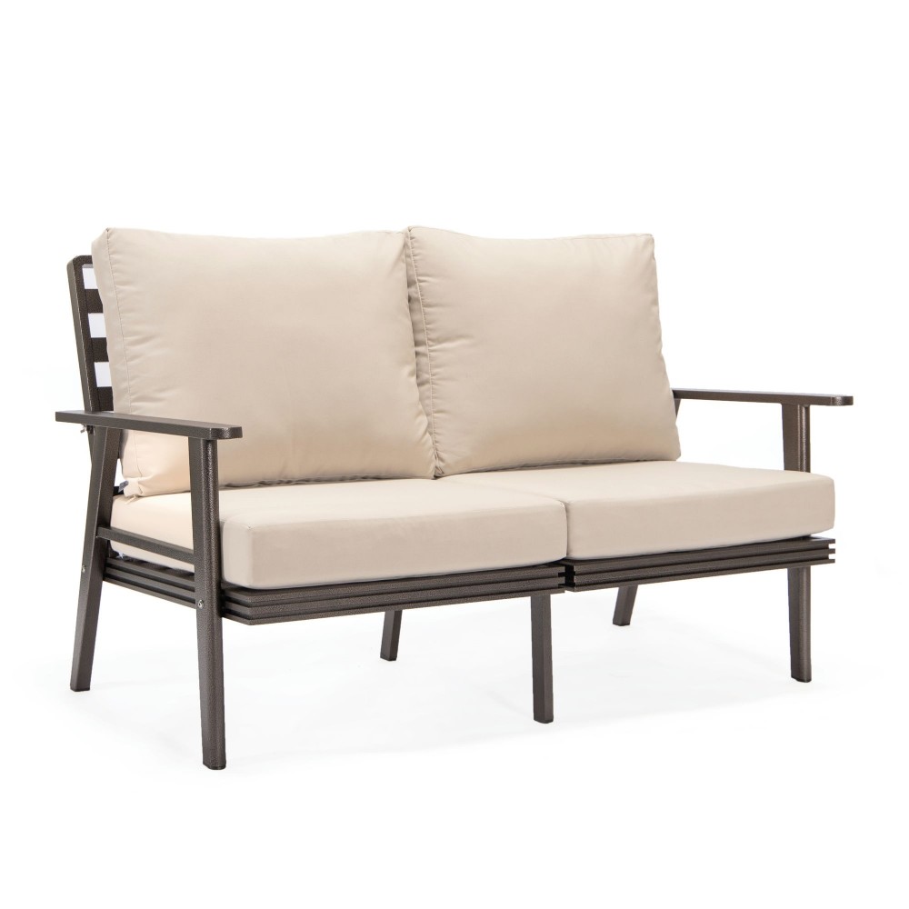 Leisuremod Walbrooke Modern Outdoor Patio Loveseat with Brown Frame, Beige