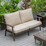 Leisuremod Walbrooke Modern Outdoor Patio Loveseat with Brown Frame, Beige