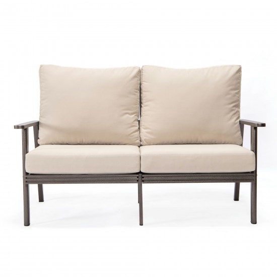 Leisuremod Walbrooke Modern Outdoor Patio Loveseat with Brown Frame, Beige