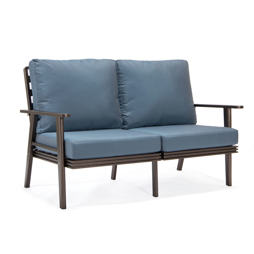 Leisuremod Walbrooke Modern Outdoor Patio Loveseat with Brown Frame, Navy Blue