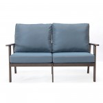 Leisuremod Walbrooke Modern Outdoor Patio Loveseat with Brown Frame, Navy Blue