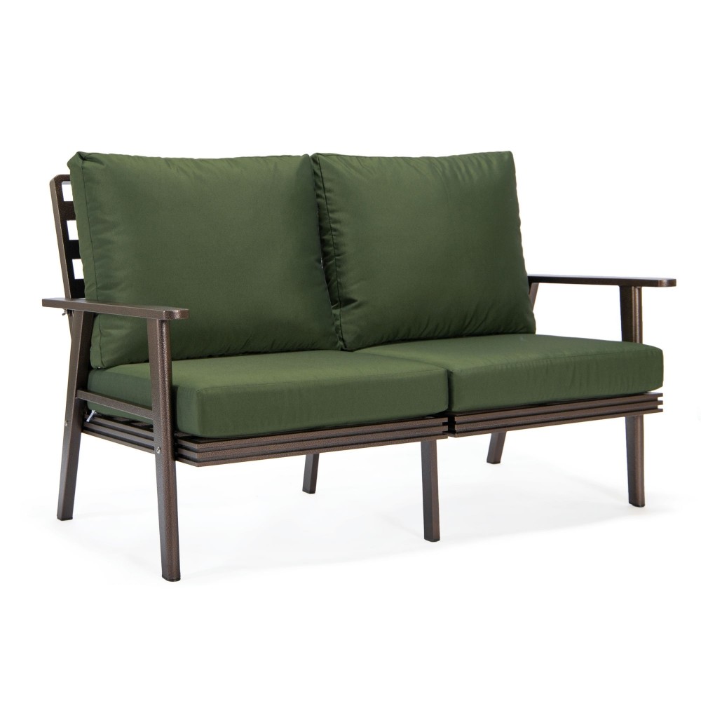 Leisuremod Walbrooke Modern Outdoor Patio Loveseat with Brown Frame, Green