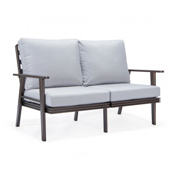 Leisuremod Walbrooke Modern Outdoor Patio Loveseat with Brown Frame, Light Grey