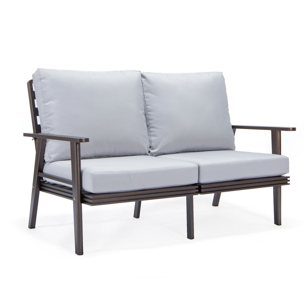 Leisuremod Walbrooke Modern Outdoor Patio Loveseat with Brown Frame, Light Grey